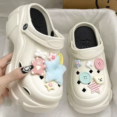 Dép nữ, Dép Cross đế cao 5cm, Dép Crocs nữ, Sticker Gấu ngôi sao cúc áo