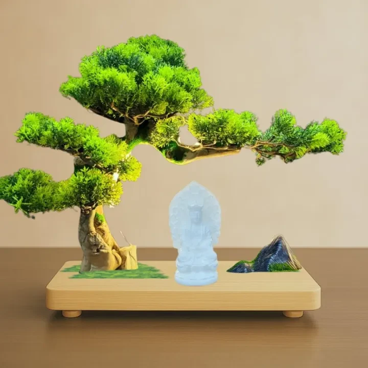 Bộ Tiểu Cảnh Kệ Cây Bonsai và Đèn LED Vòng Hào Quàng Tượng Gốm - Trang Trí Nhà Cửa, Góc Làm Việc